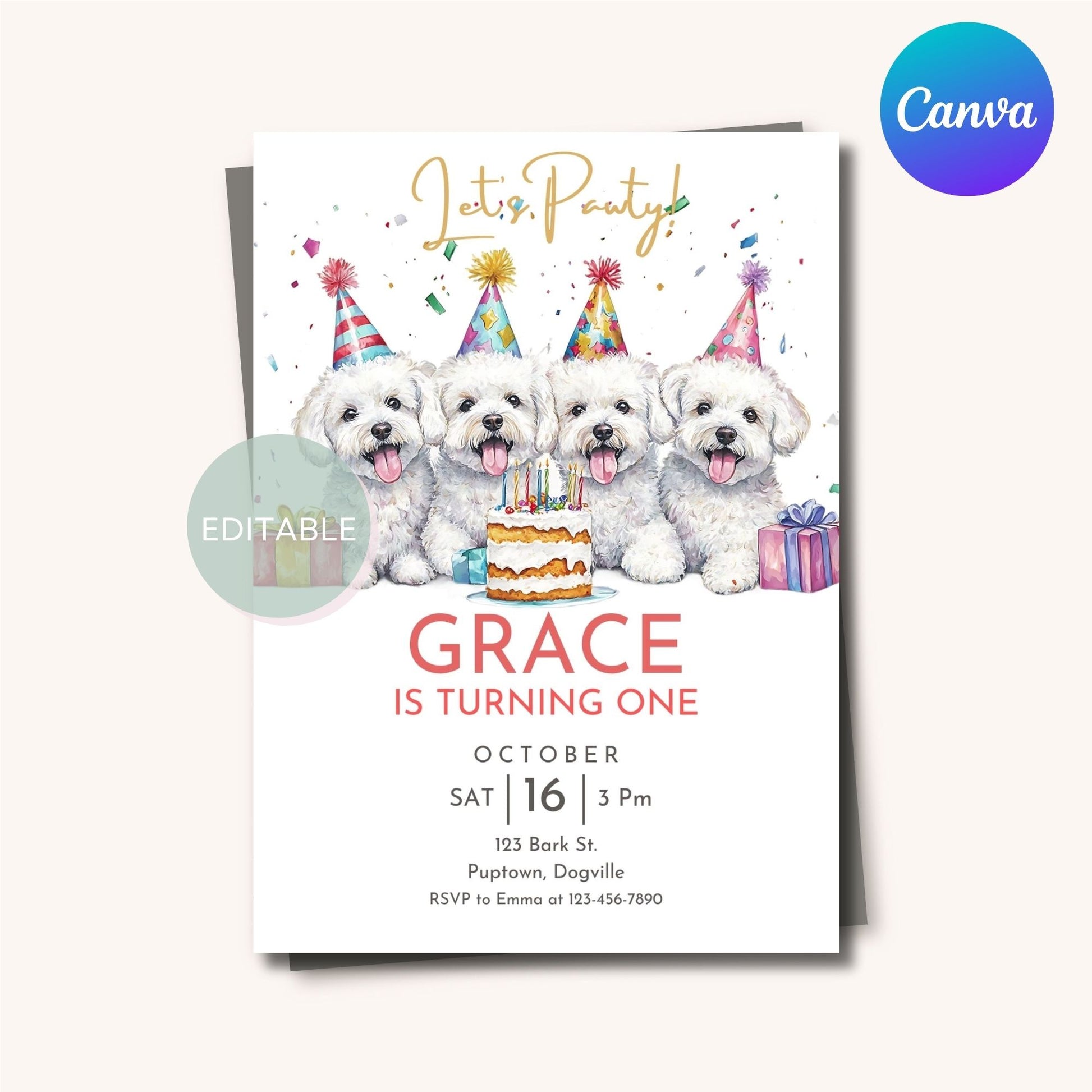 Customizable Bichon Frise dog birthday invite for print or mobile.