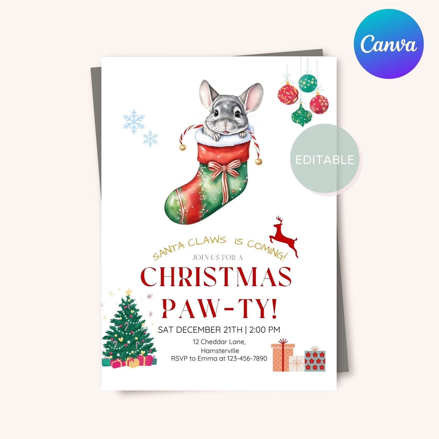 Holiday invitation featuring a cute chinchilla for Christmas celebrations