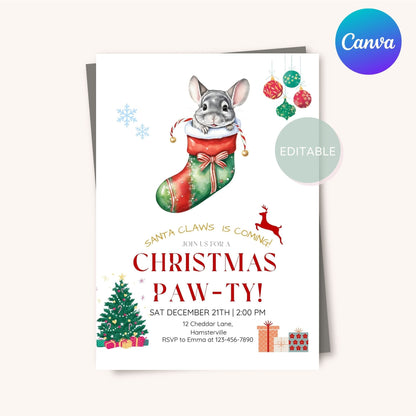 Holiday invitation featuring a cute chinchilla for Christmas celebrations