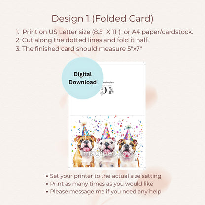 Happy birthday card showcasing a playful bulldog, available for instant download.