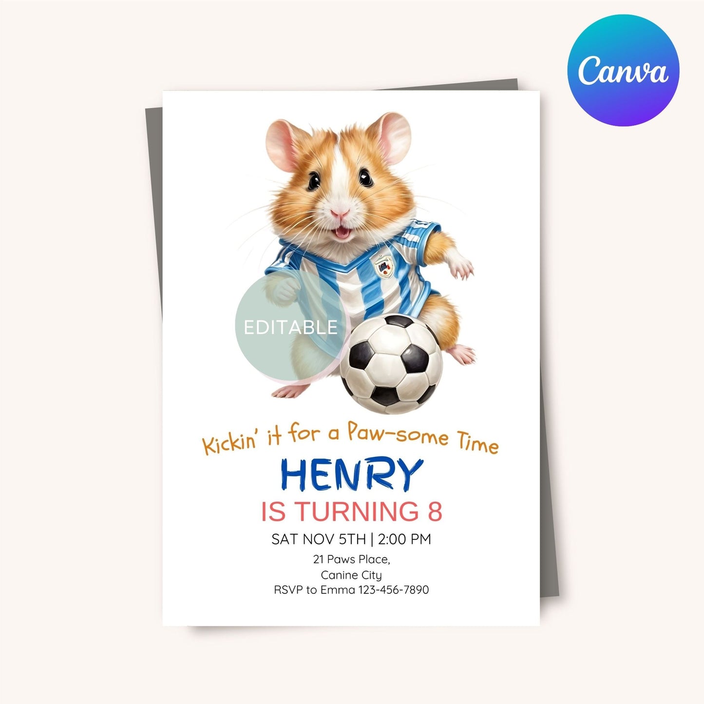 Printable birthday invite featuring a fun hamster design for kids.