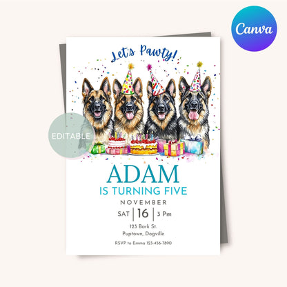 Printable German Shepherd birthday invitation template, digital download.