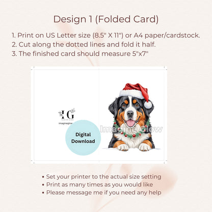 Festive holiday card with a Bernese Mountain Dog, available as a printable.