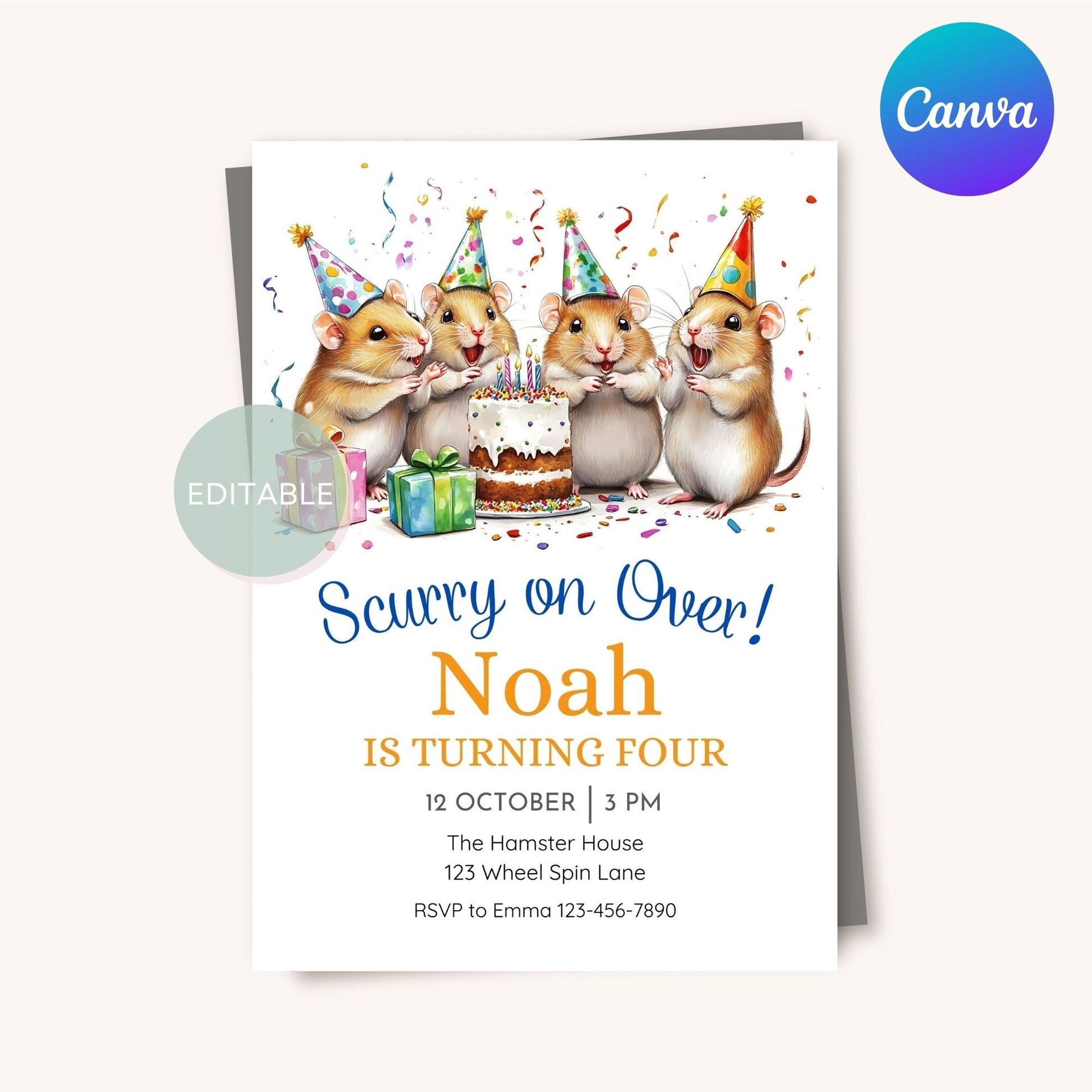 Digital download for a cute hamster birthday invite, perfect for pet lovers