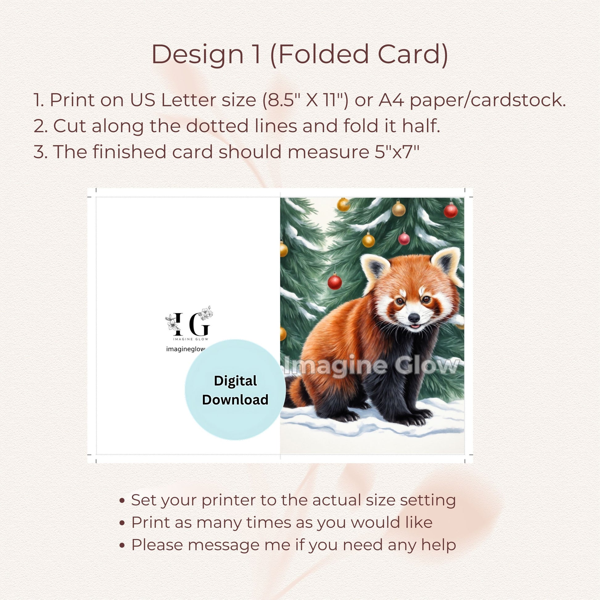 Festive animal card with a charming red panda, ideal for holiday gift-giving.