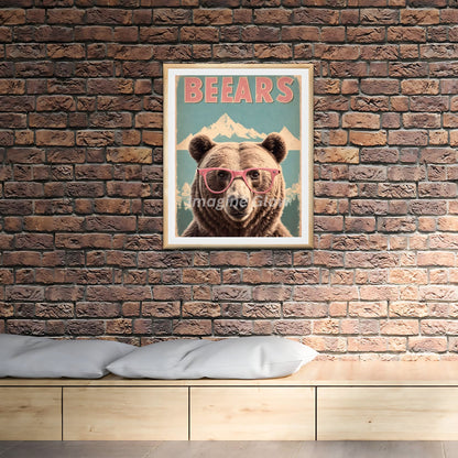 Quirky bear in pink glasses design for a unique animal-themed poster.