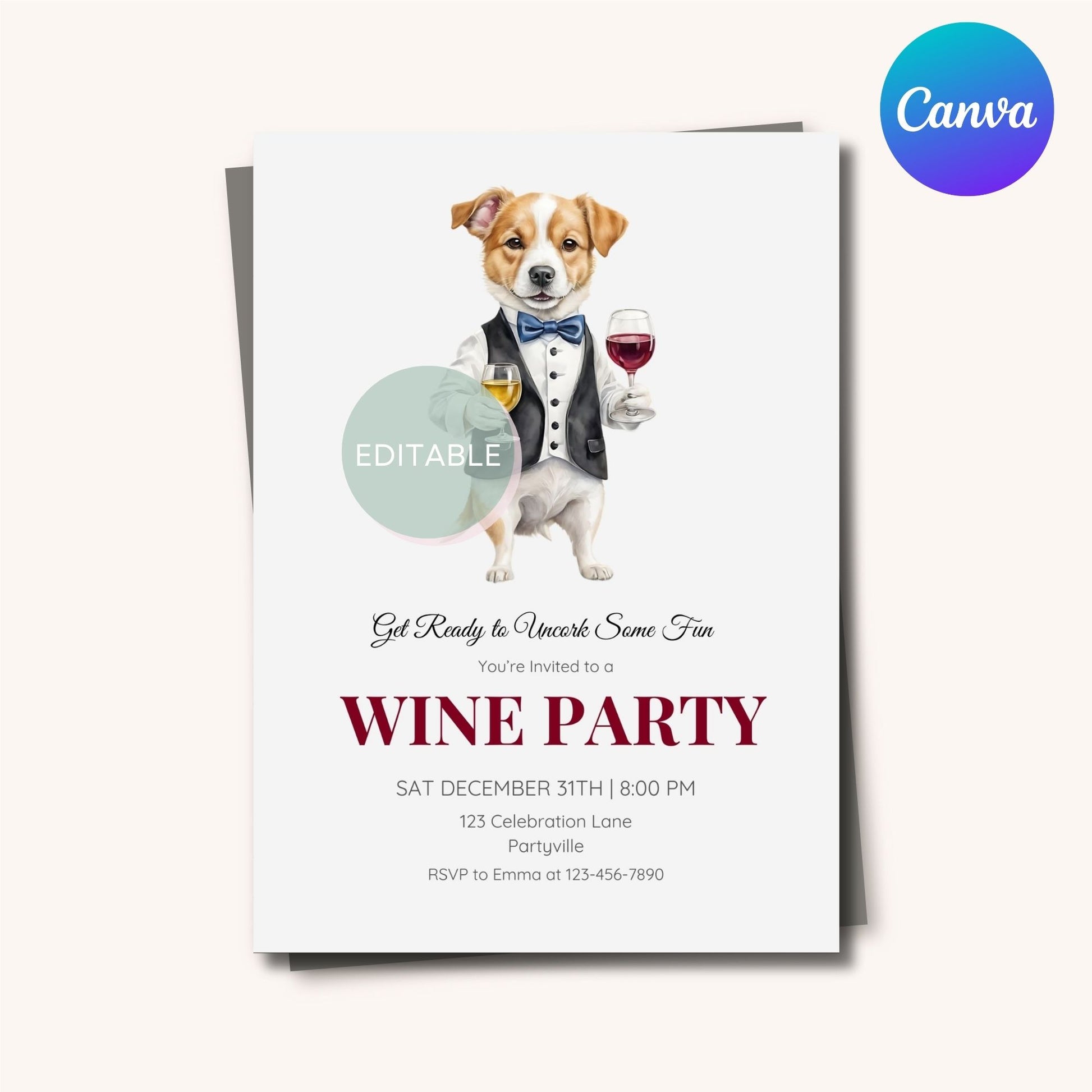 Printable wine party invite design perfect for birthdays, anniversaries, and gatherings.