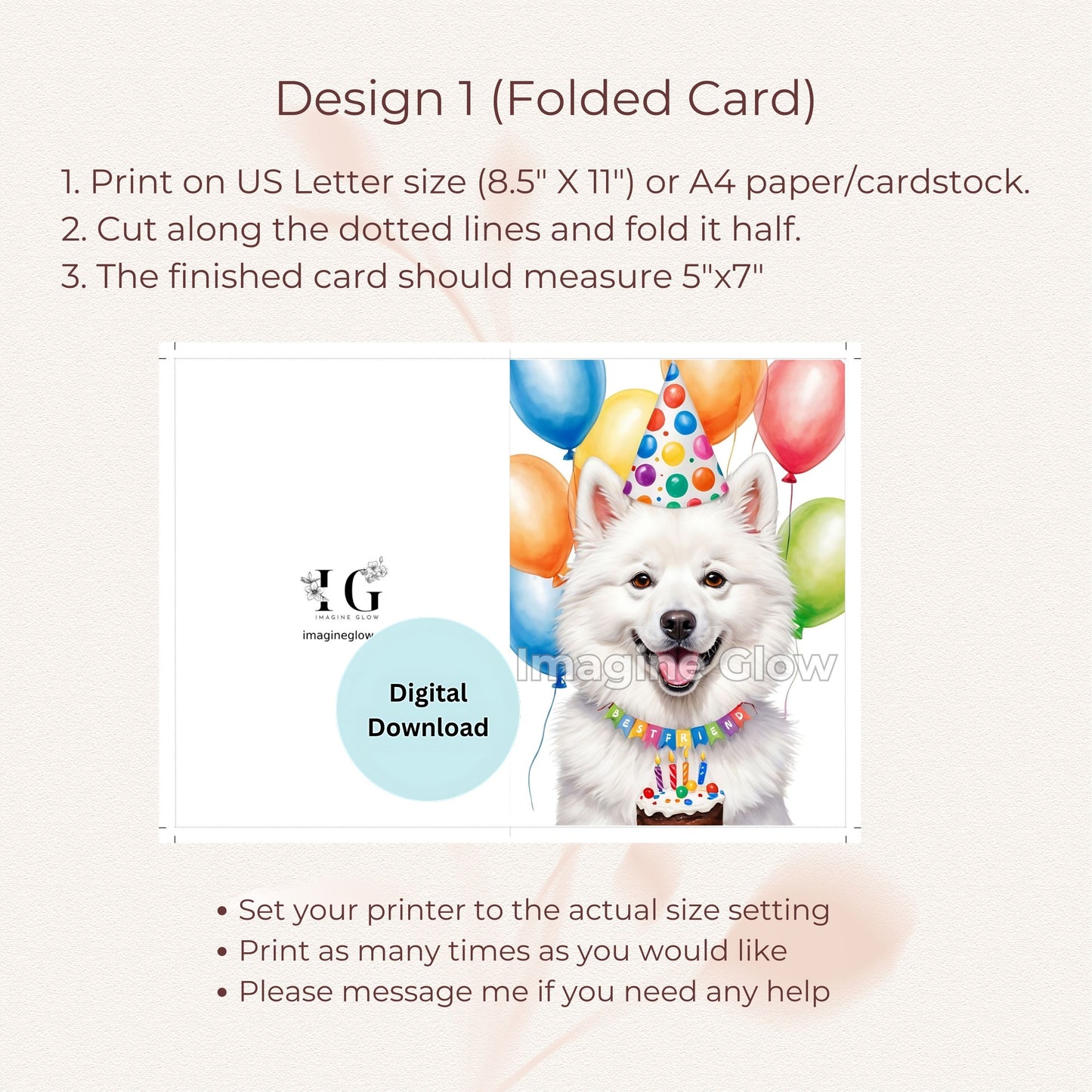 Fun American Eskimo dog birthday card for pet lovers, available as a digital download.