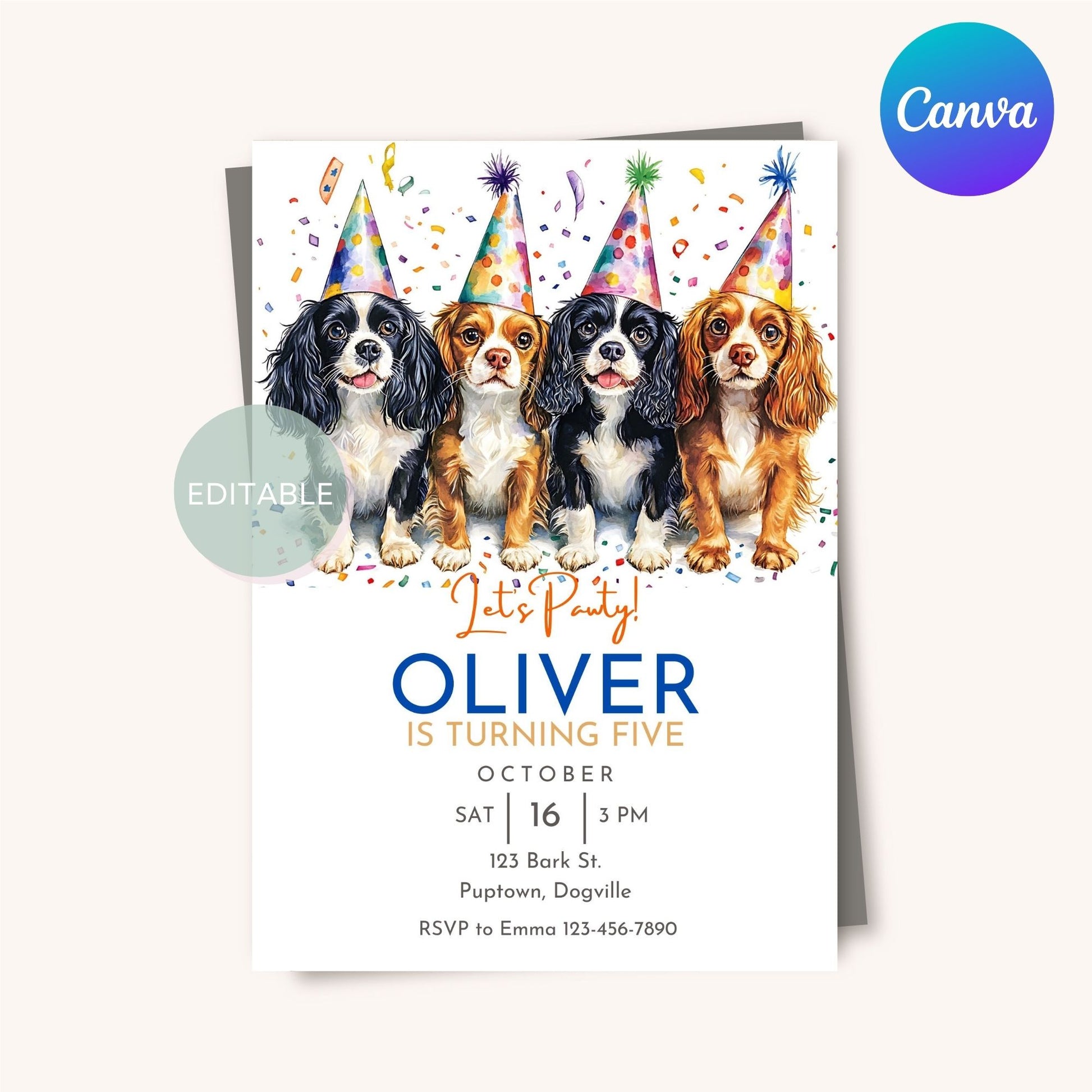 Digital download birthday invitation template with Cavalier King Charles Spaniel for customization.