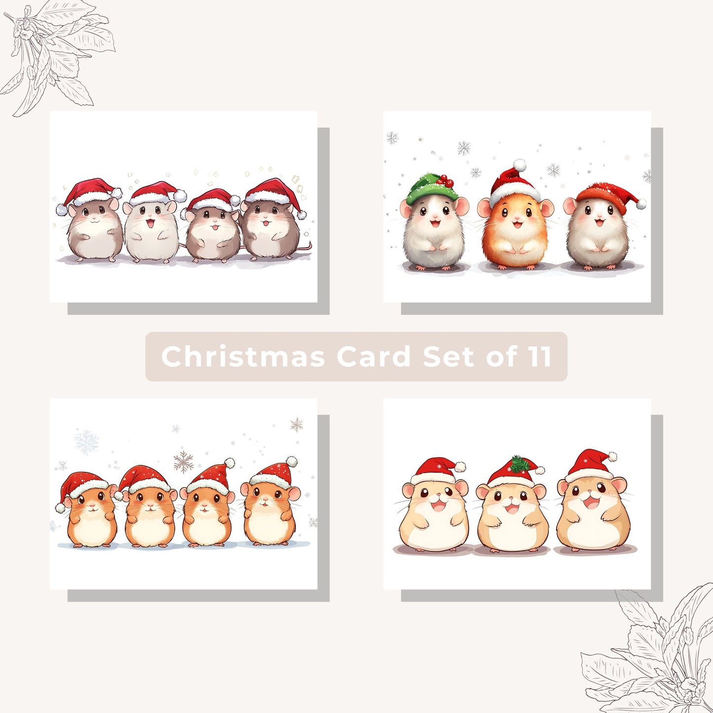 Adorable hamster-themed Christmas greeting cards, set A, digital download.
