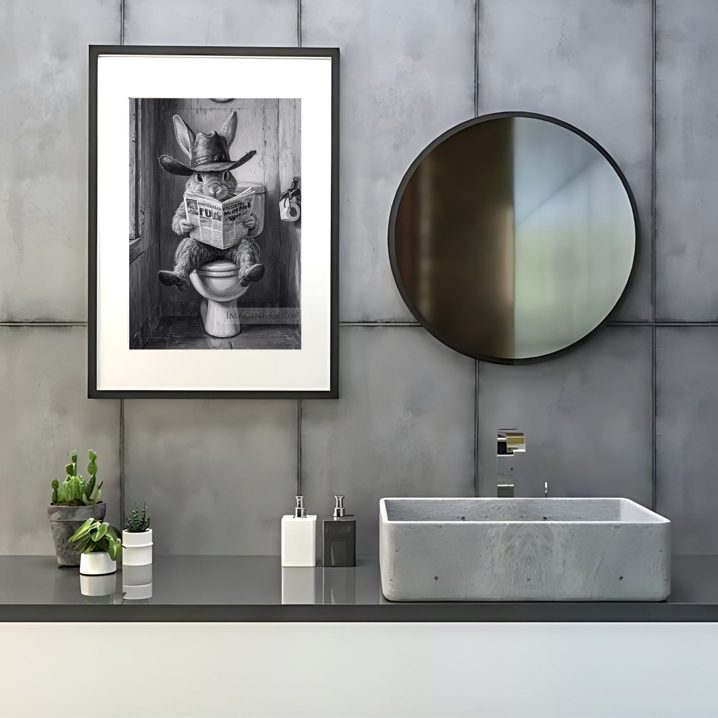 Rabbit Sitting on Toilet Print - Funny Bathroom Wall Decor