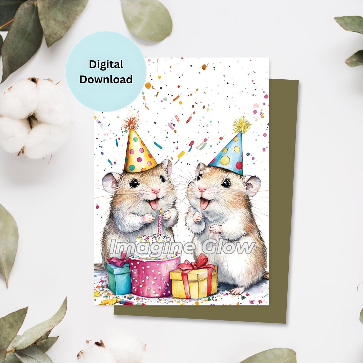 Happy birthday card with playful hamsters celebrating a birthday party