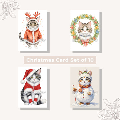 Festive cat Christmas card set with cute pets in costume, perfect for the holiday season.