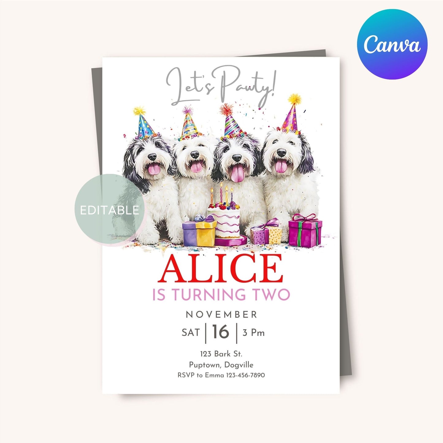 Old English Sheepdog-themed birthday invite, editable in Canva and available as a digital download.