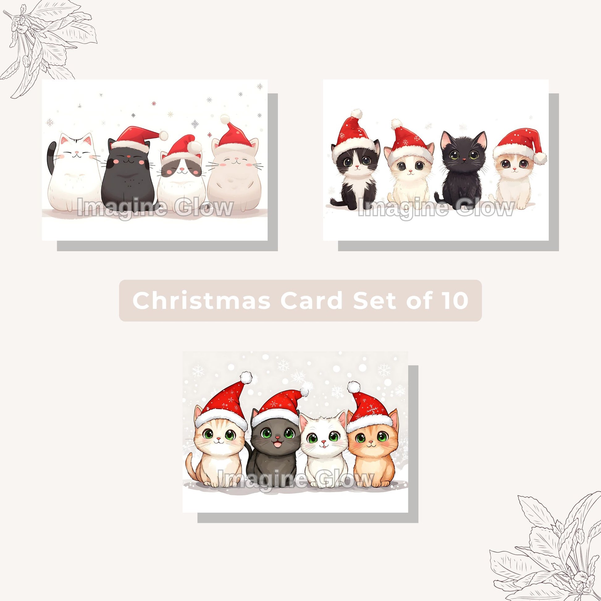 Set of 10 Cat Christmas cards in festive design, perfect for holiday greetings.