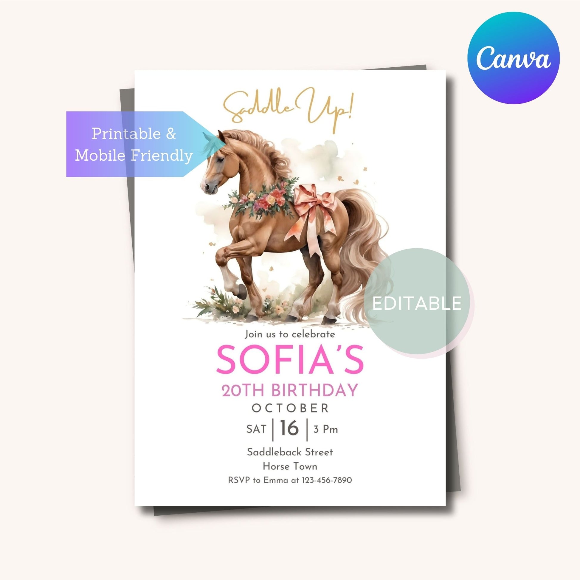 Editable horse-themed party invite for birthdays.