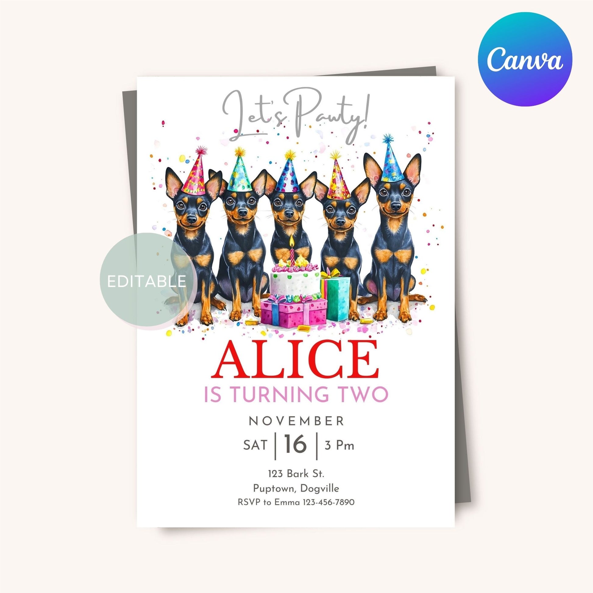 Customizable dog birthday invite featuring a Miniature Pinscher, printable design.