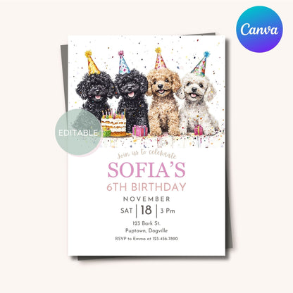 Printable dog-themed birthday invitation with Toy Poodle design.