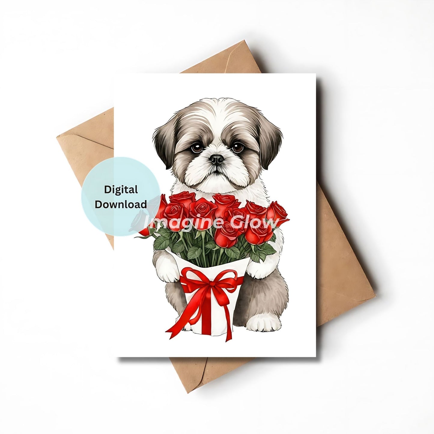 Printable Valentine Card with Shih Tzu illustration.