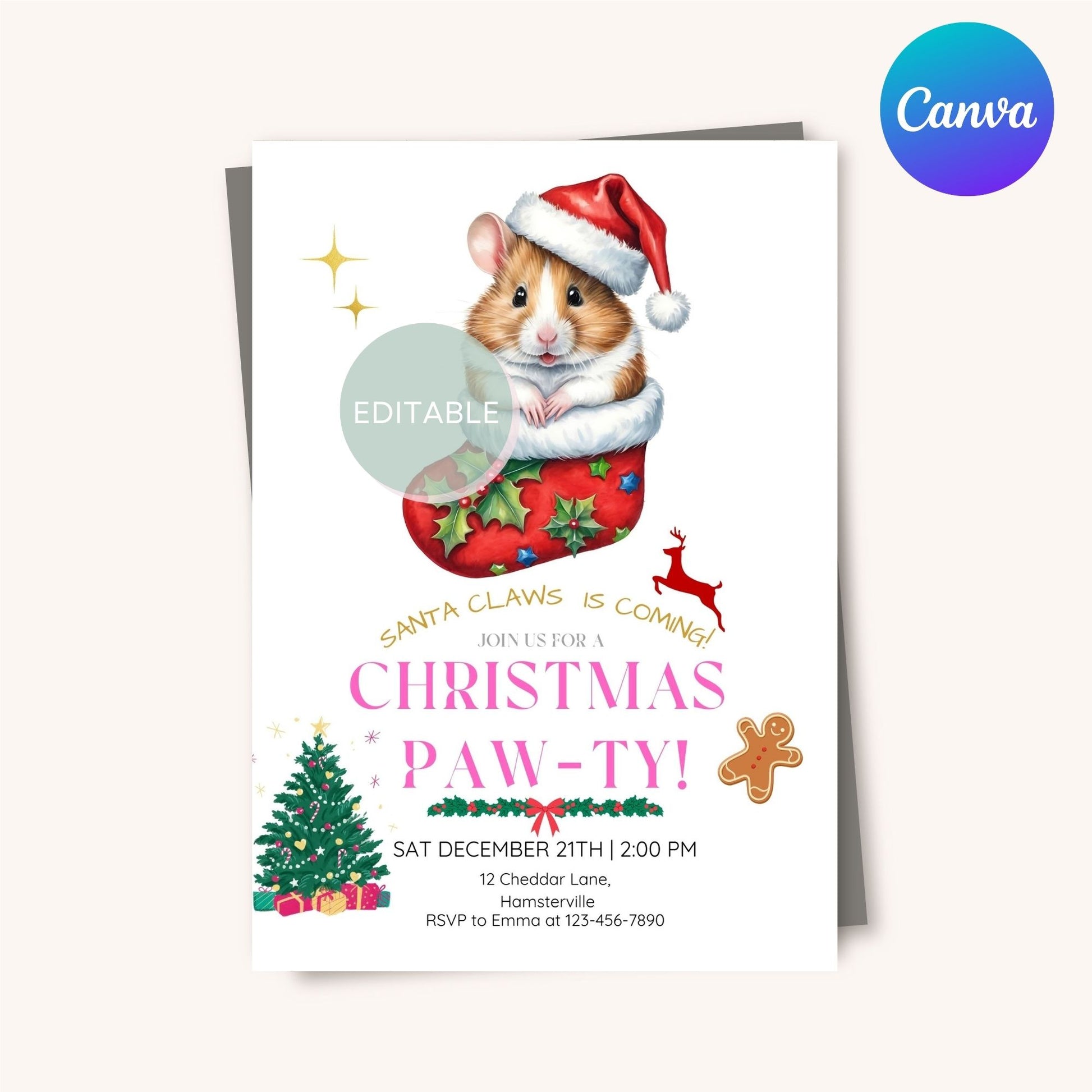 Printable Hamster Christmas Party Invite - Customizable holiday invitation, ideal for festive gatherings with a hamster theme.