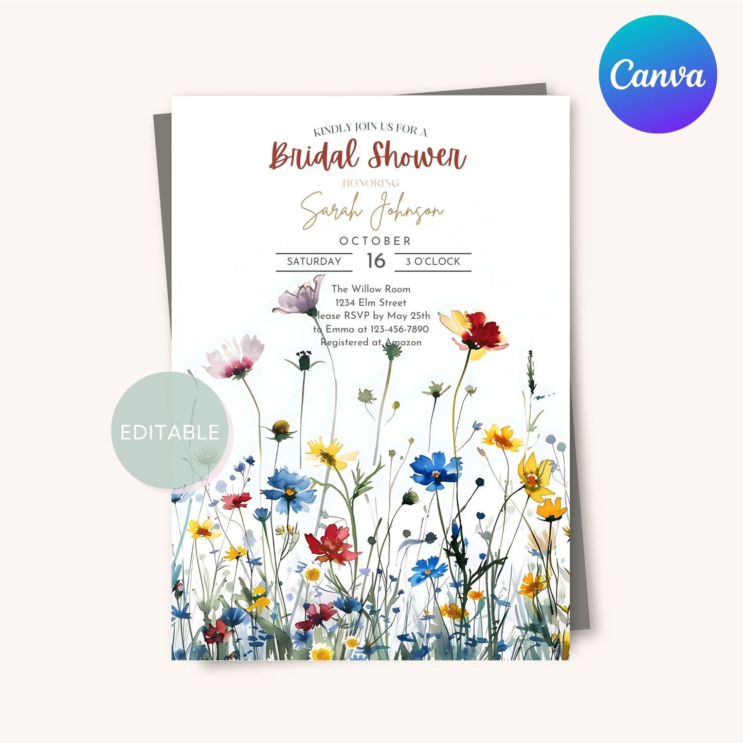 Custom wildflower bridal shower invitation template with vibrant floral illustrations - printable and editable for digital download.