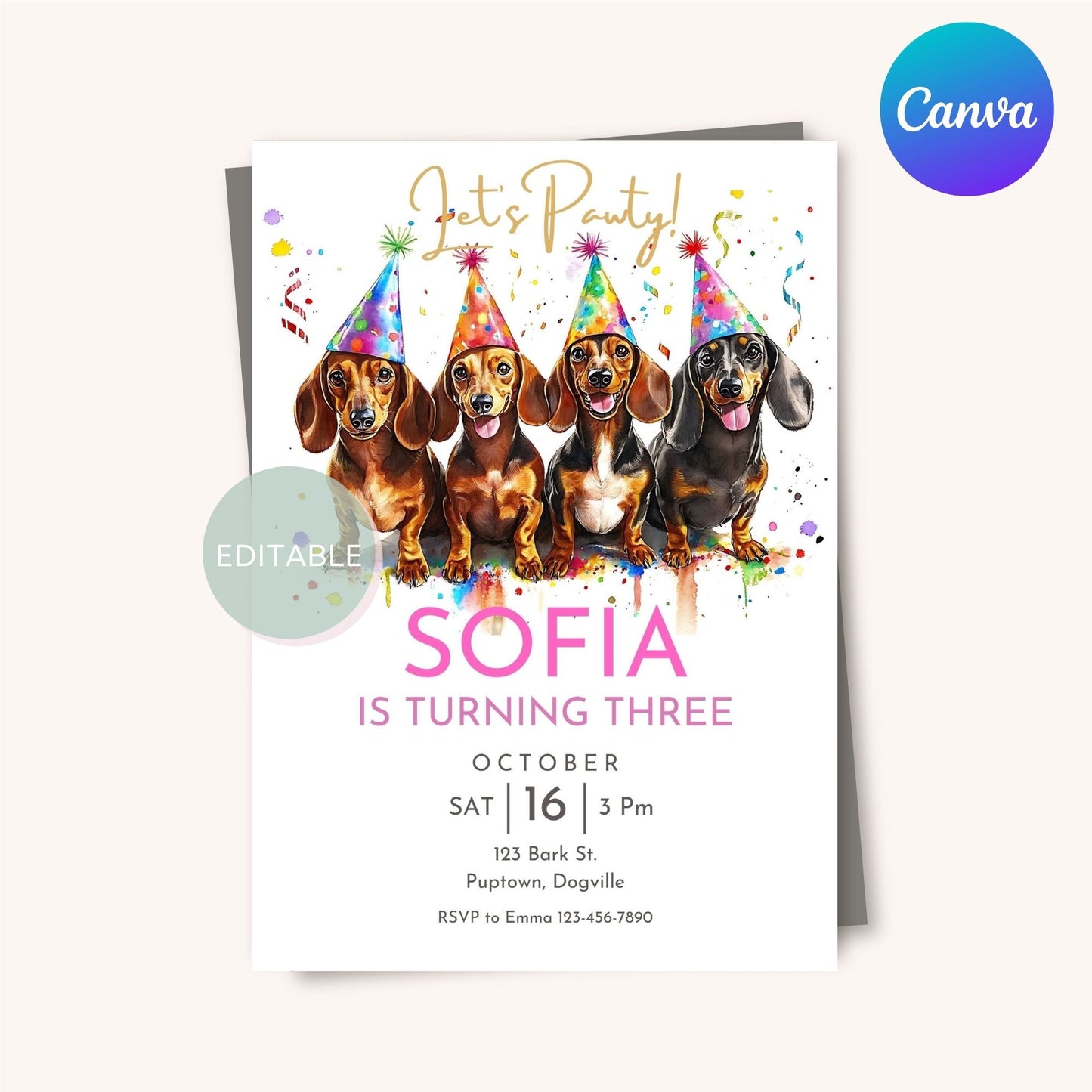 Editable Canva design featuring a Dachshund for a birthday celebration
