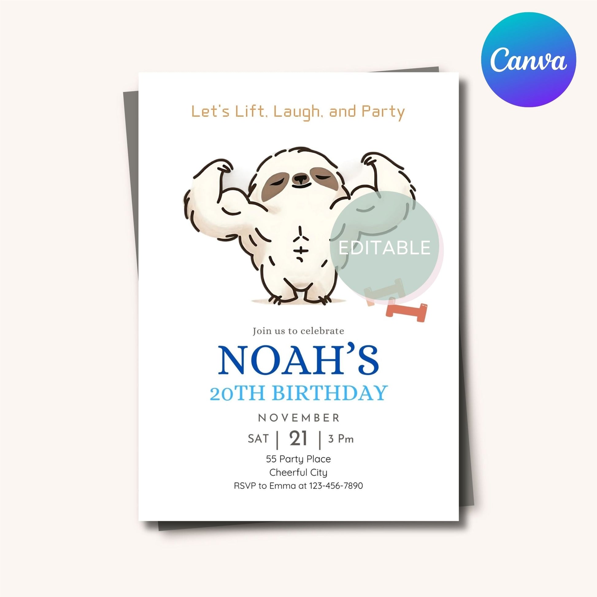 Sloth-themed birthday invitation for fitness party, Canva editable design.