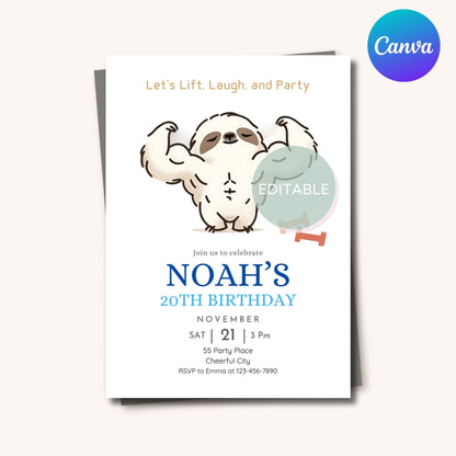 Sloth-themed birthday invitation for fitness party, Canva editable design.