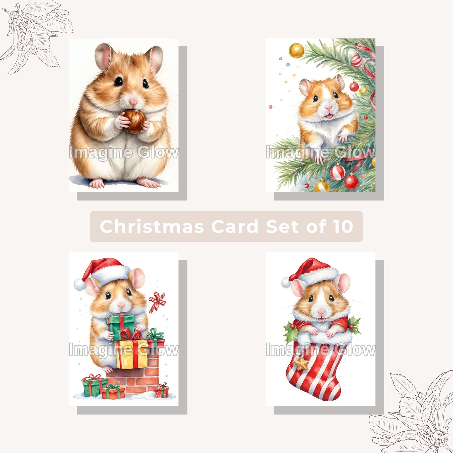 Hamster Christmas Card Set of 11 - Adorable Pet Holiday Cards - Printable Greeting Cards B