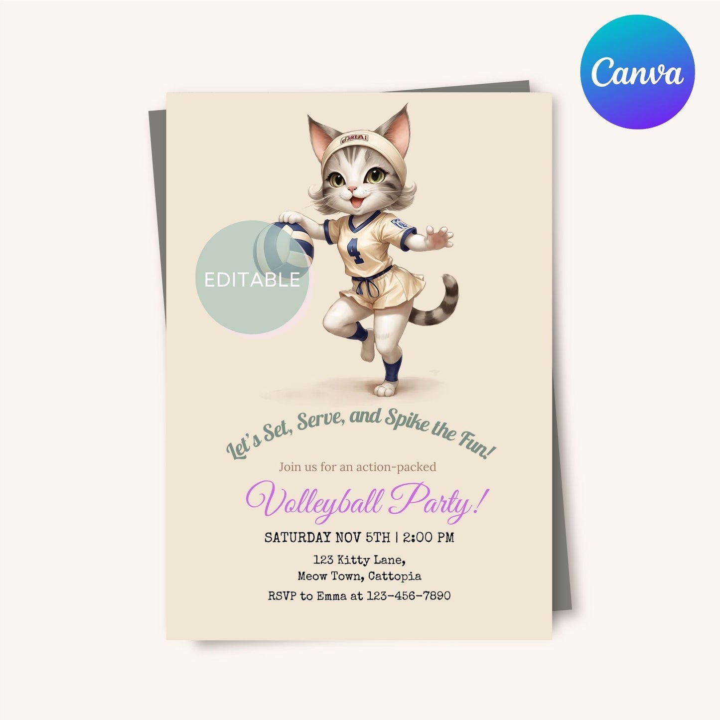 Volleyball Kitten Invitation Template - Instant Download and Customizable for Sports Parties