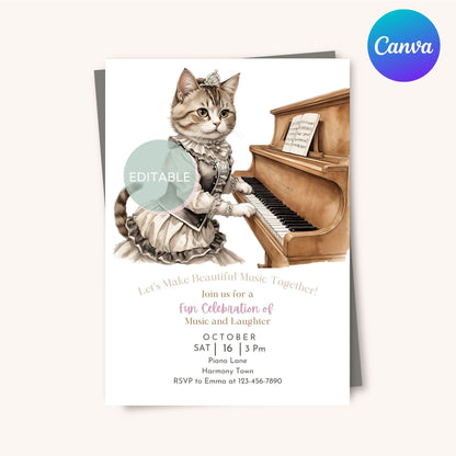 Printable and editable music-themed invitation featuring a cute kitten.