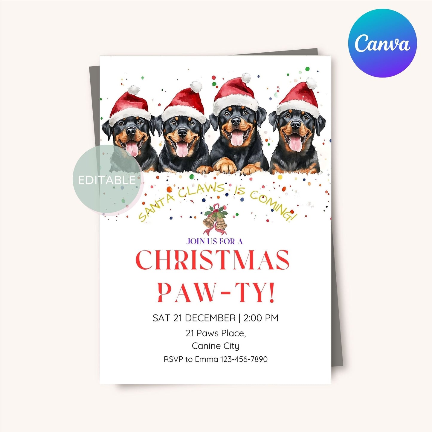 Customizable Rottweiler Christmas party invitation template, perfect for dog lovers and holiday gatherings.