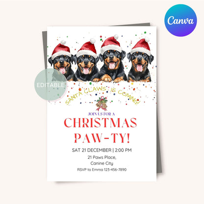 Customizable Rottweiler Christmas party invitation template, perfect for dog lovers and holiday gatherings.