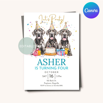 Great Dane dog birthday party invitation template, printable & mobile.