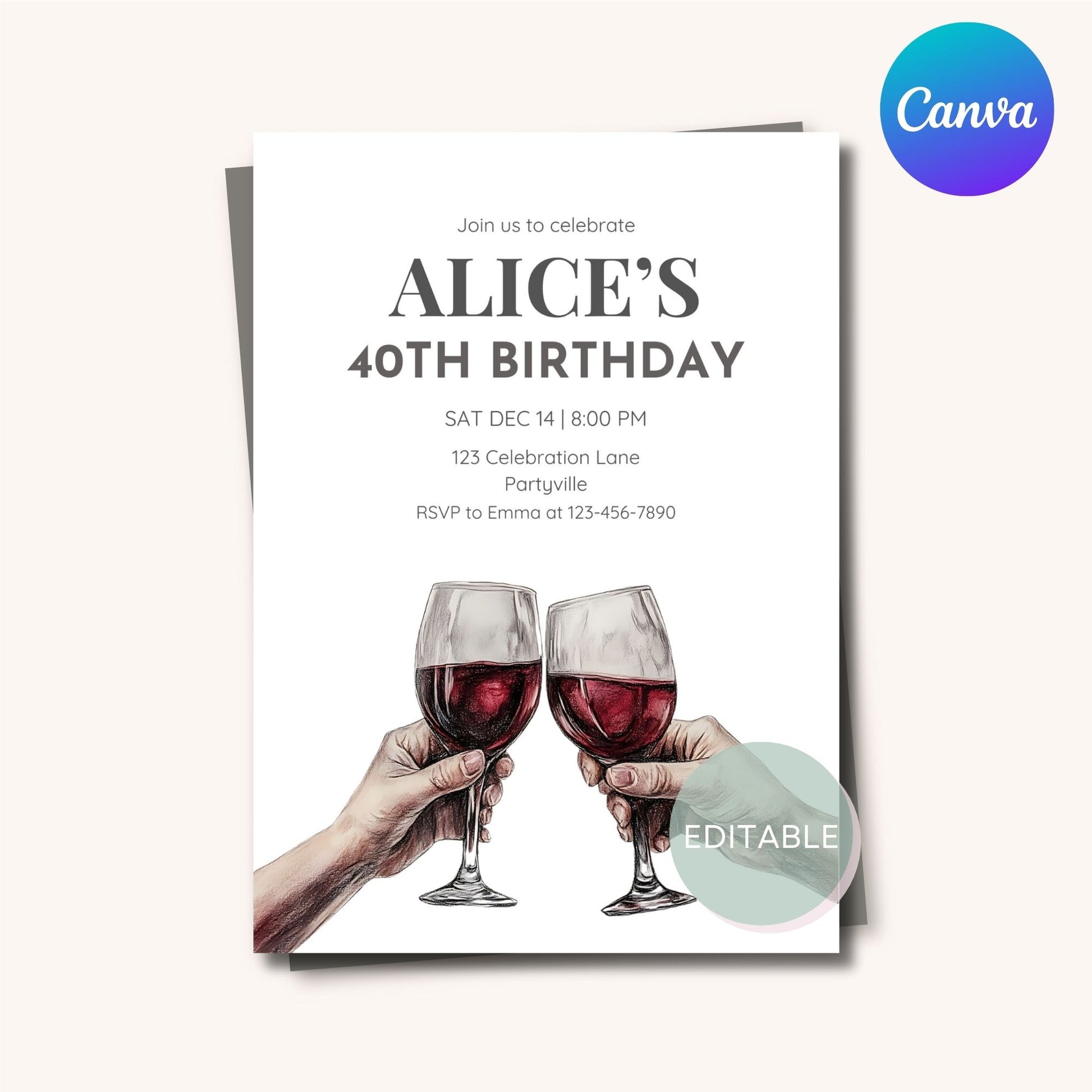 Printable birthday invitation featuring wine, perfect for friends’ celebration.