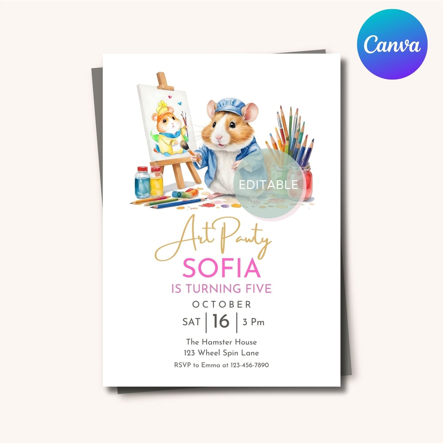 Printable Hamster Birthday Invitation customized with Canva.