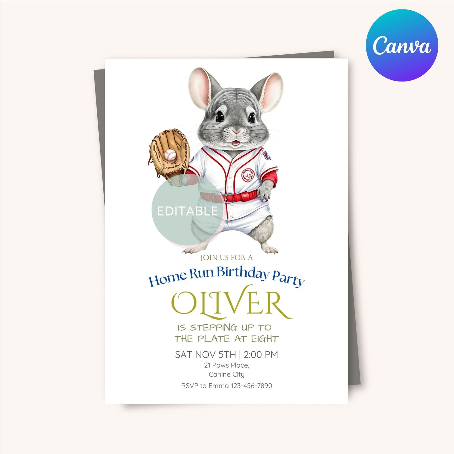 Baseball birthday party invite featuring a chinchilla, perfect for kid’s celebrations.