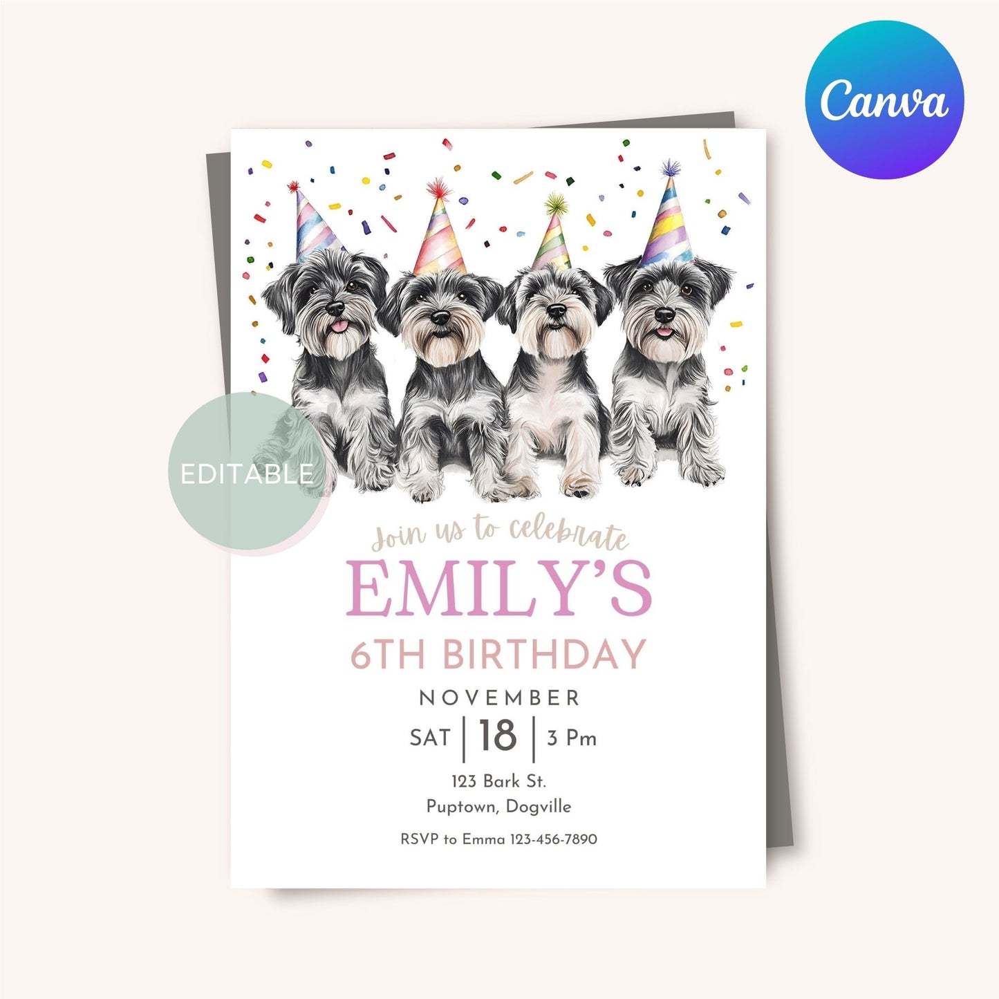 Customizable Miniature Schnauzer birthday invite, printable and editable in Canva.