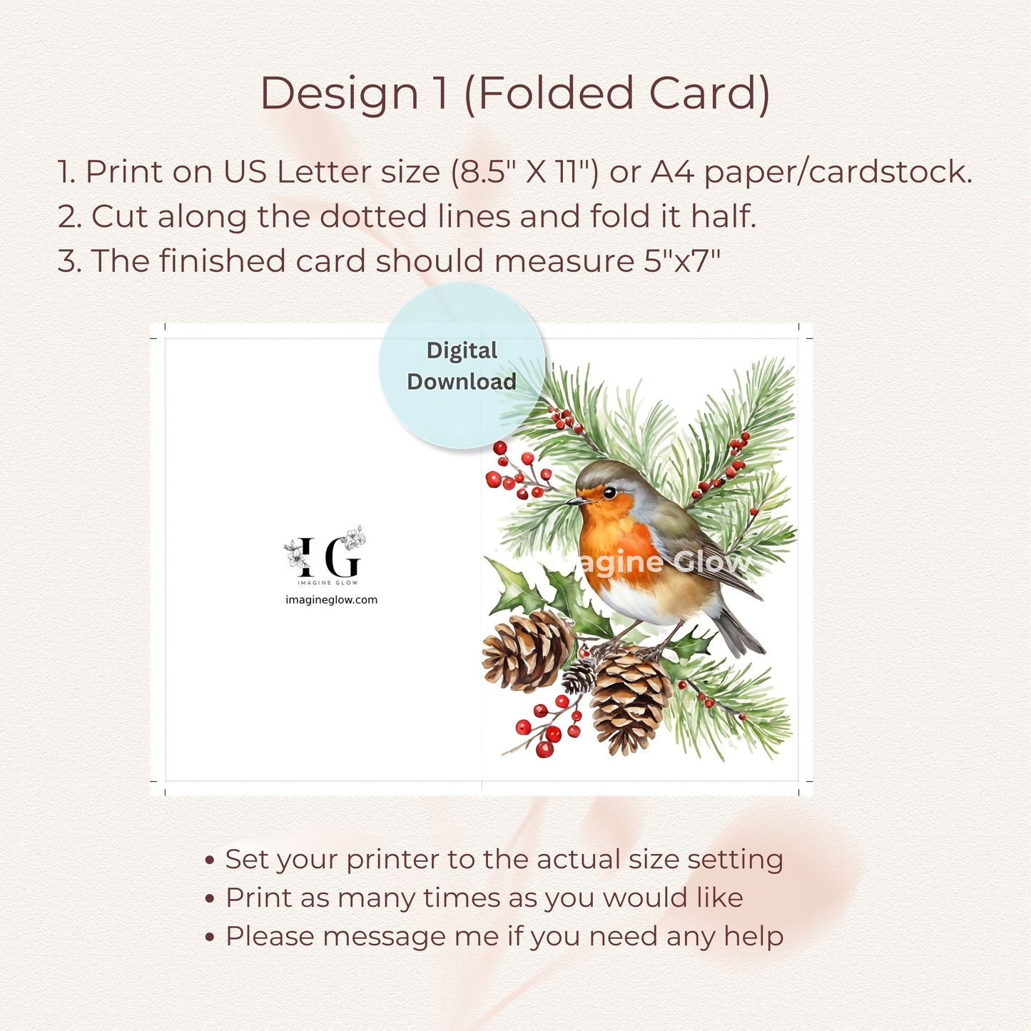 Robin Christmas Card Set of 12 - Holiday Greeting Cards - Festive Printable Cards