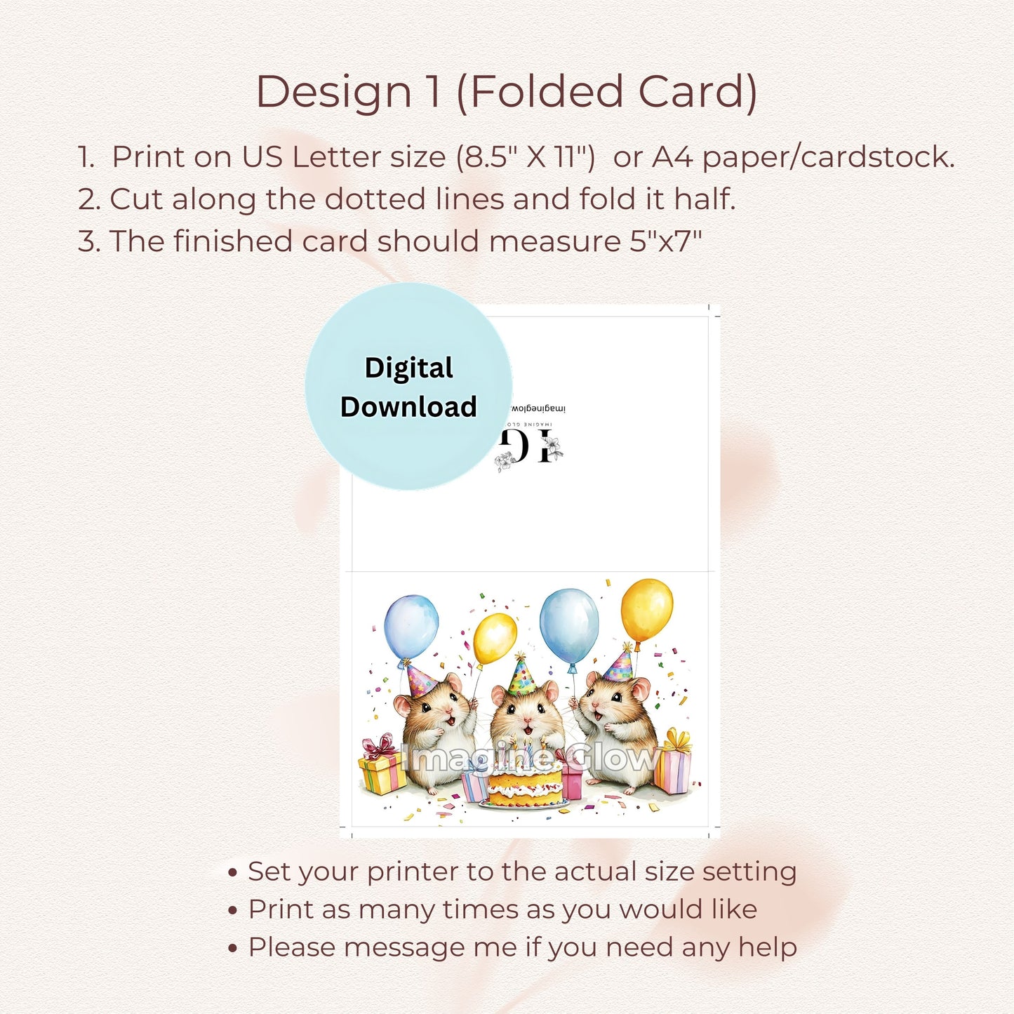 Digital download card showcasing hamsters, ideal for sending birthday wishes.