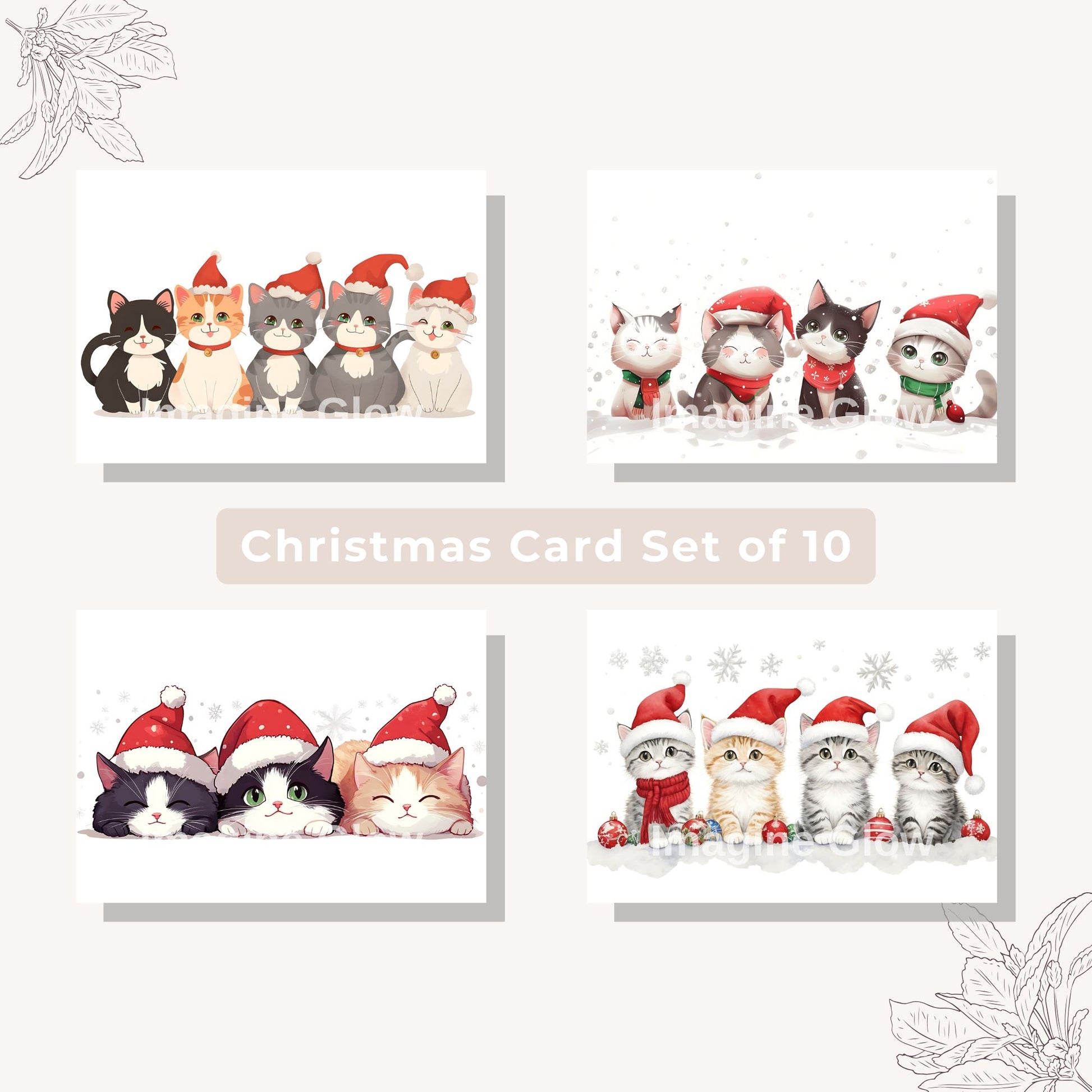 Printable holiday card set featuring cute cats in Christmas designs.
