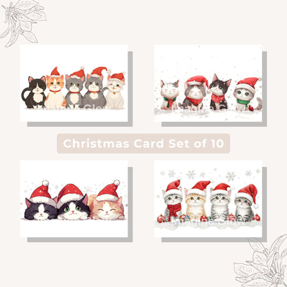 Printable holiday card set featuring cute cats in Christmas designs.
