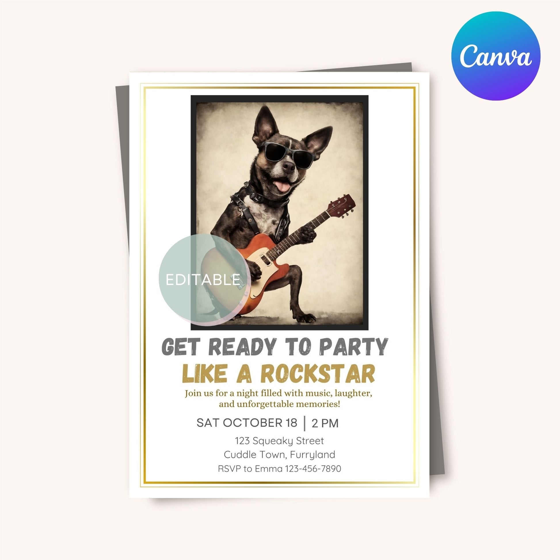 Fun Dog Rock and Roll Invitation Template -Printable and Customizable in Canva - Perfect for Music Parties