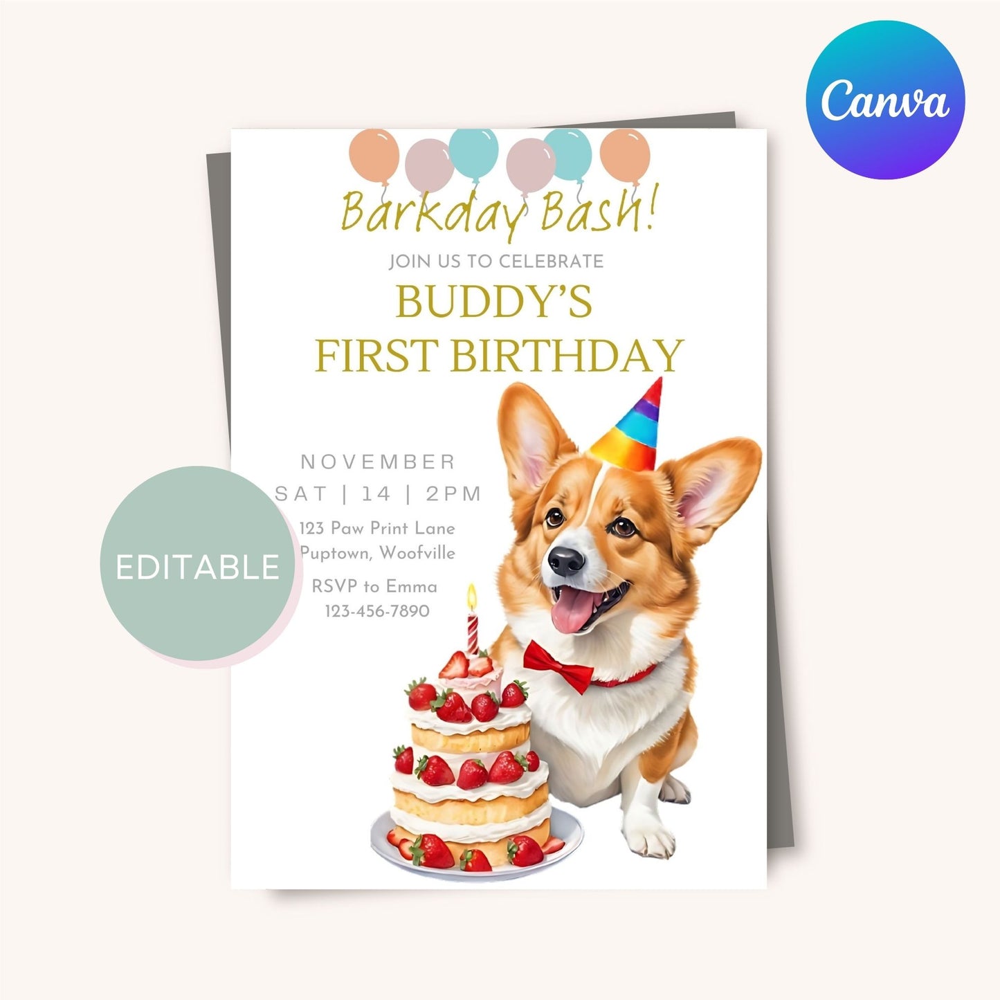 Personalized Welsh Corgi-themed birthday invitation, editable in Canva