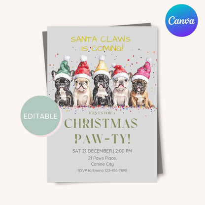 Editable Christmas party invite featuring a Bulldog, available on Canva