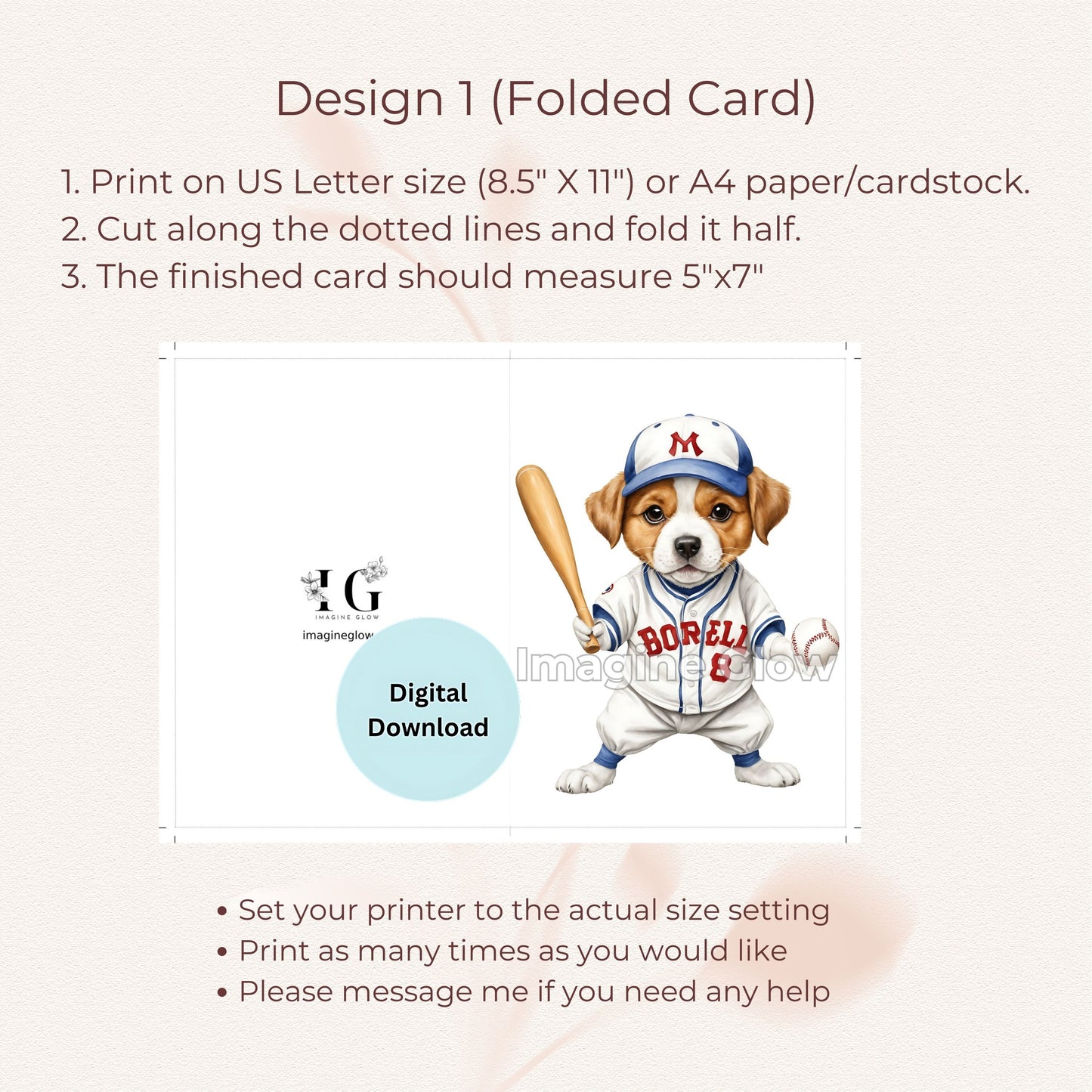 Printable pet card featuring a cute baseball dog
