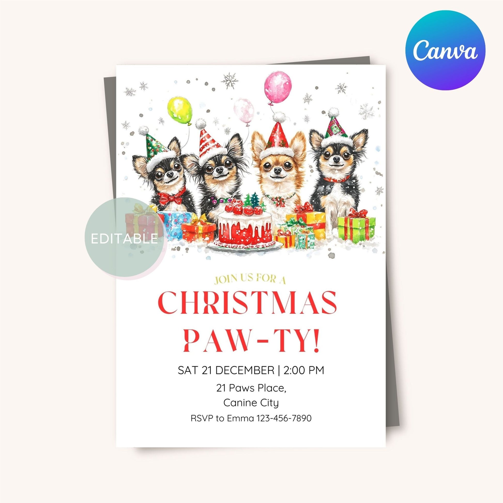 Editable holiday invite featuring a cute Chihuahua design, perfect for dog lovers.