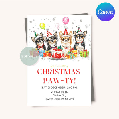 Editable holiday invite featuring a cute Chihuahua design, perfect for dog lovers.