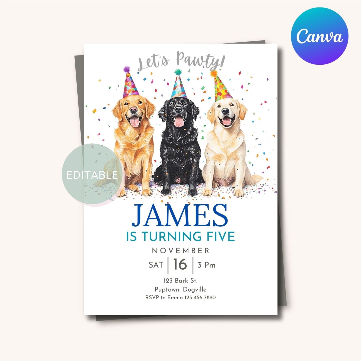 Custom Labradors dog birthday invitation template, editable in Canva.