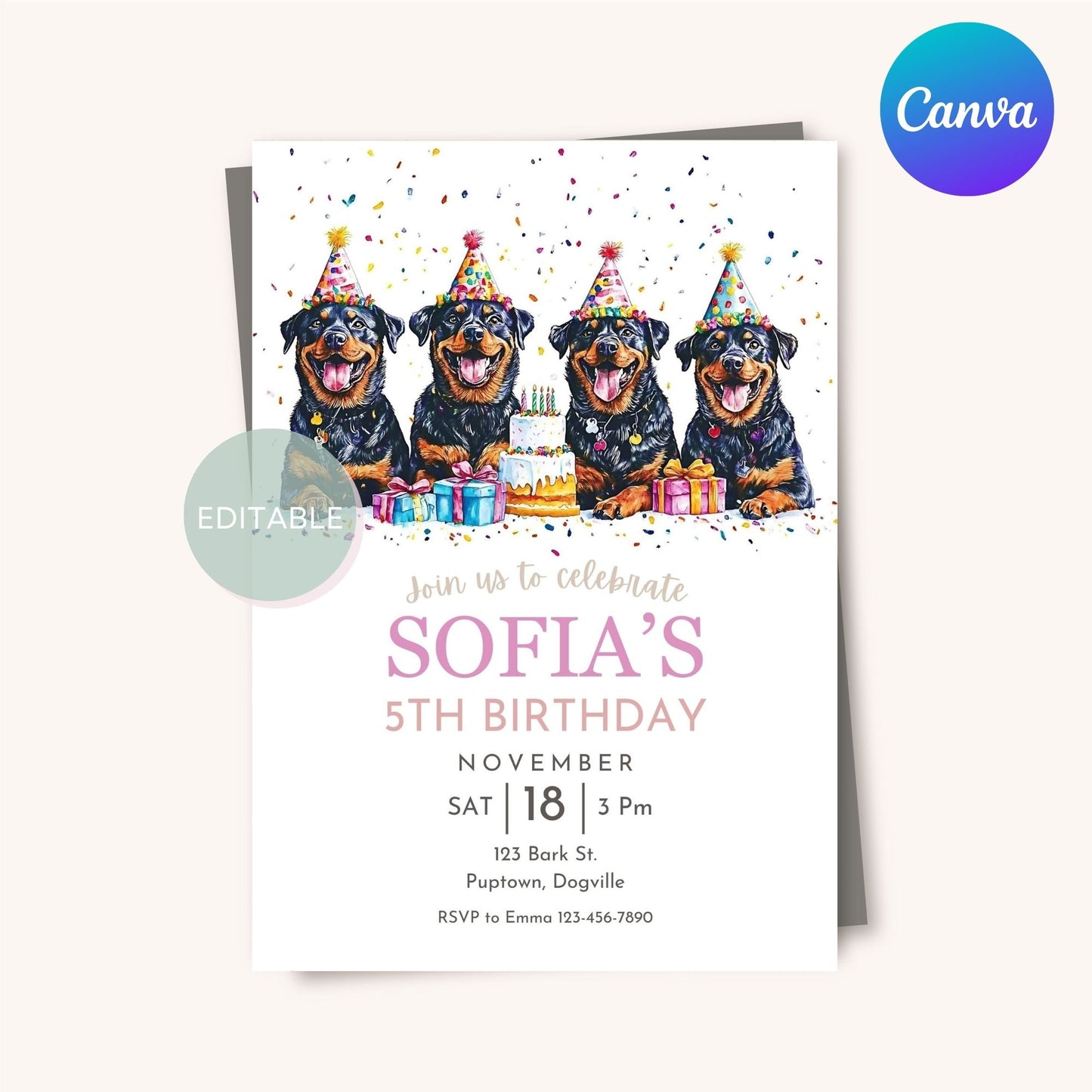 Rottweiler-themed birthday invite, editable in Canva, perfect for dog lovers.